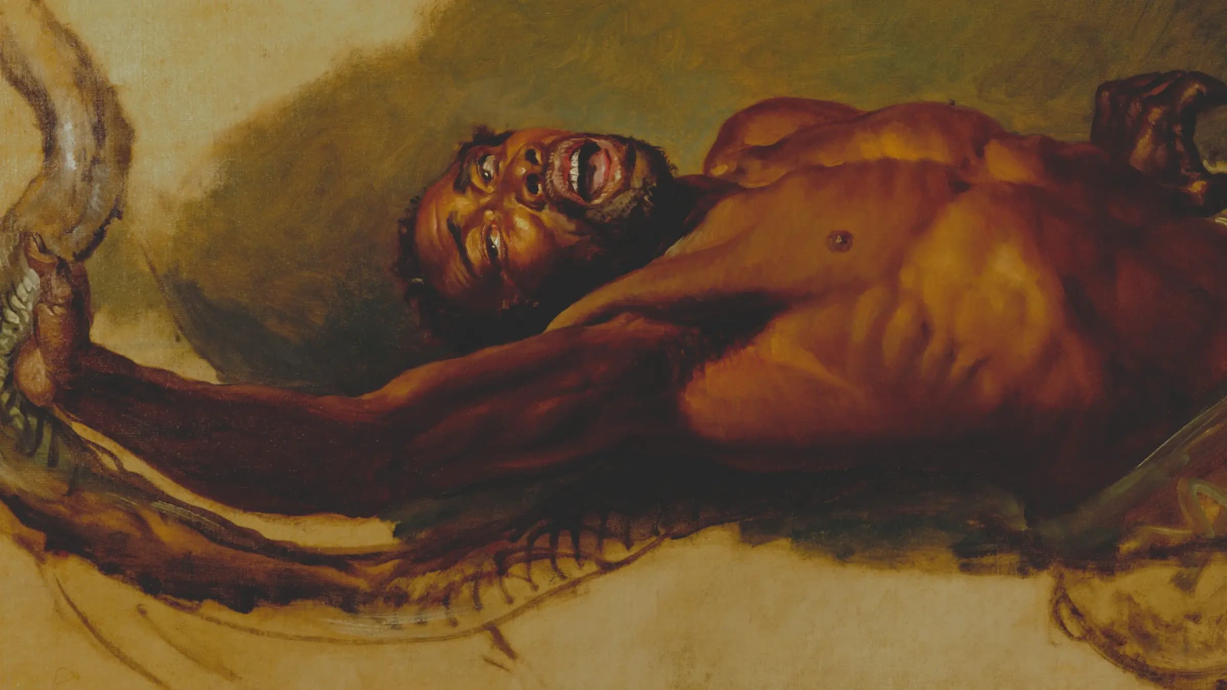 Man Struggling with a Boa Constrictor, Study for "Liboya Serpent Seizing its Prey", landscape painting by James Ward (1803).
