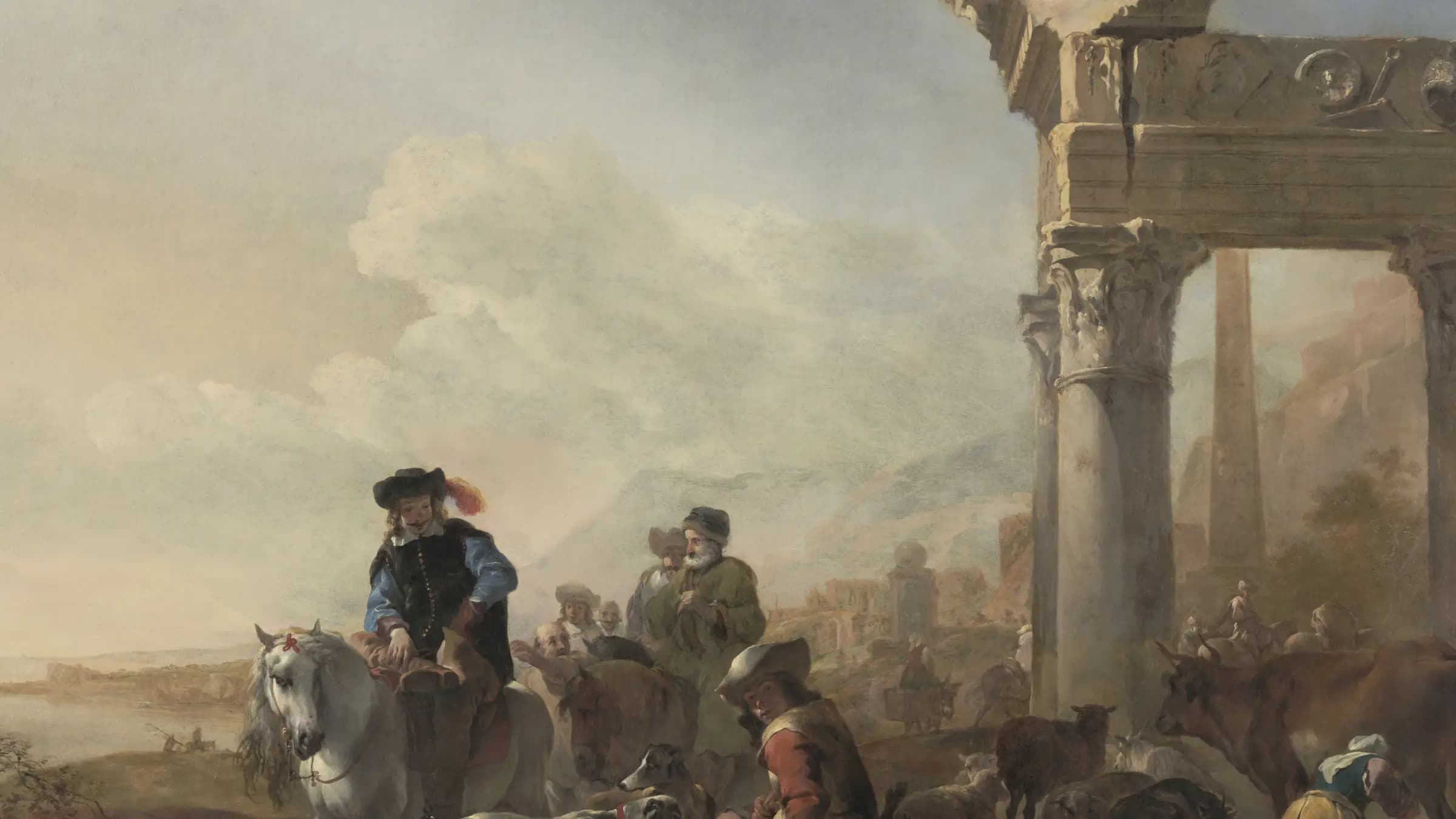 Hunters Near Ruins, landscape painting by Jan Baptist Weenix (1648).