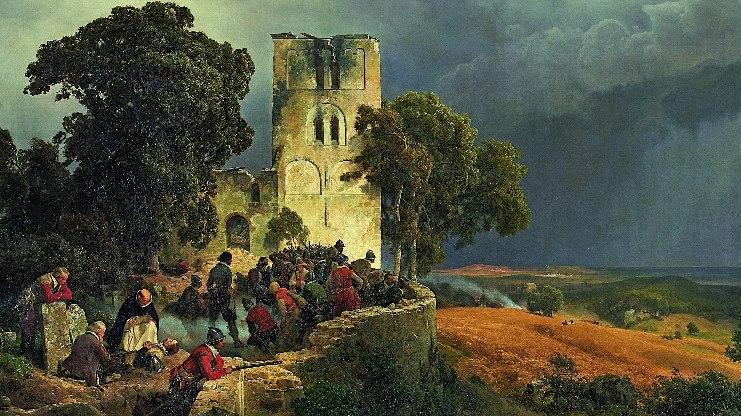 The Siege (Defense of a Church Courtyard During the Thirty Years’ War), landscape painting by Carl Friedrich Lessing (1848).