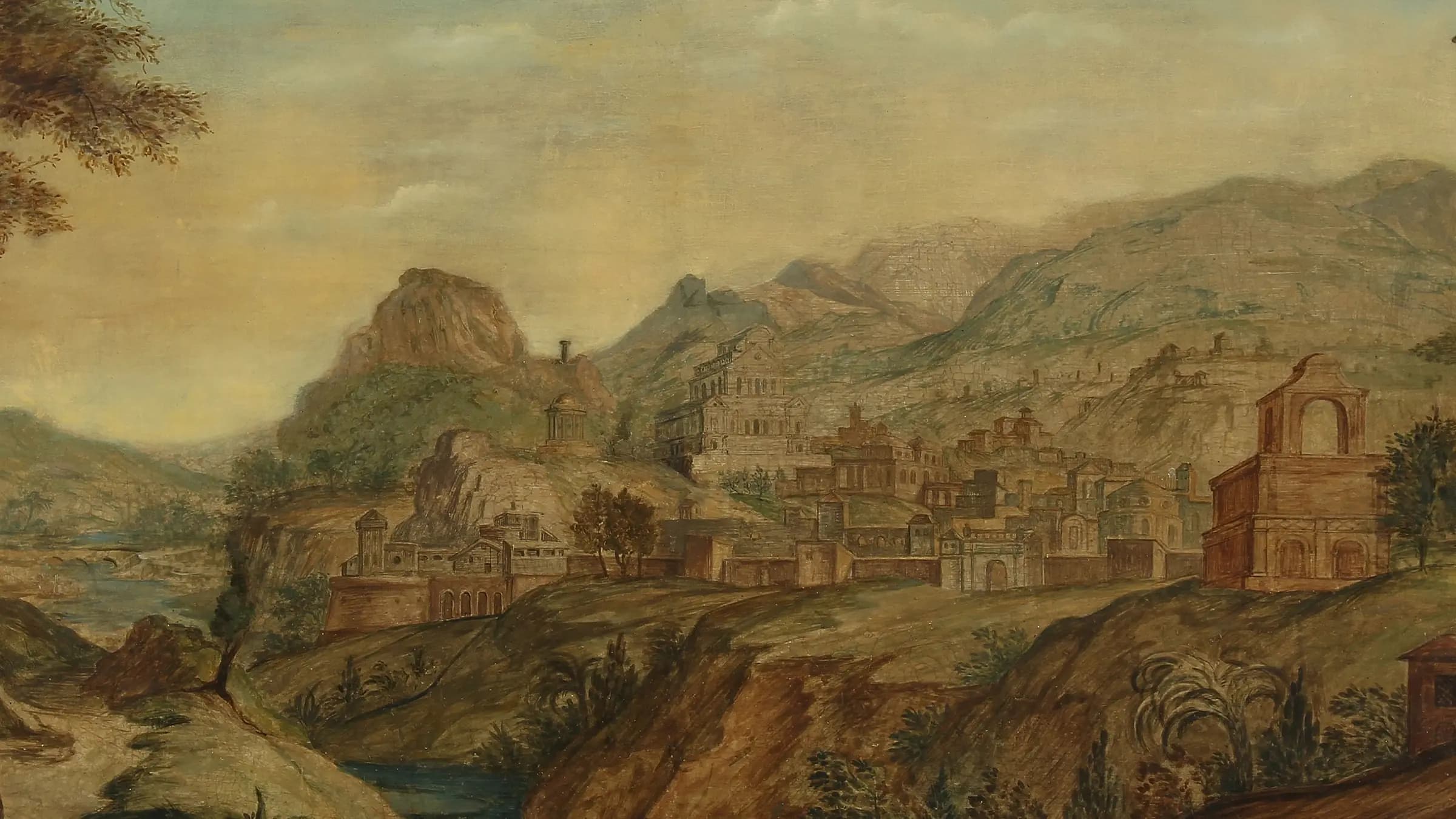 Italienische Landschaft (Capriccio)Italian landscape, landscape painting by Karl Friedrich Schinkel (1820).