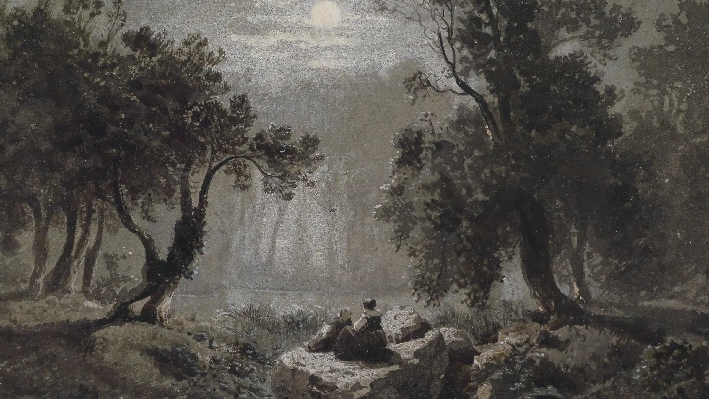 A romantic wood landscape at moonlight, landscape painting by Oswald Achenbach.