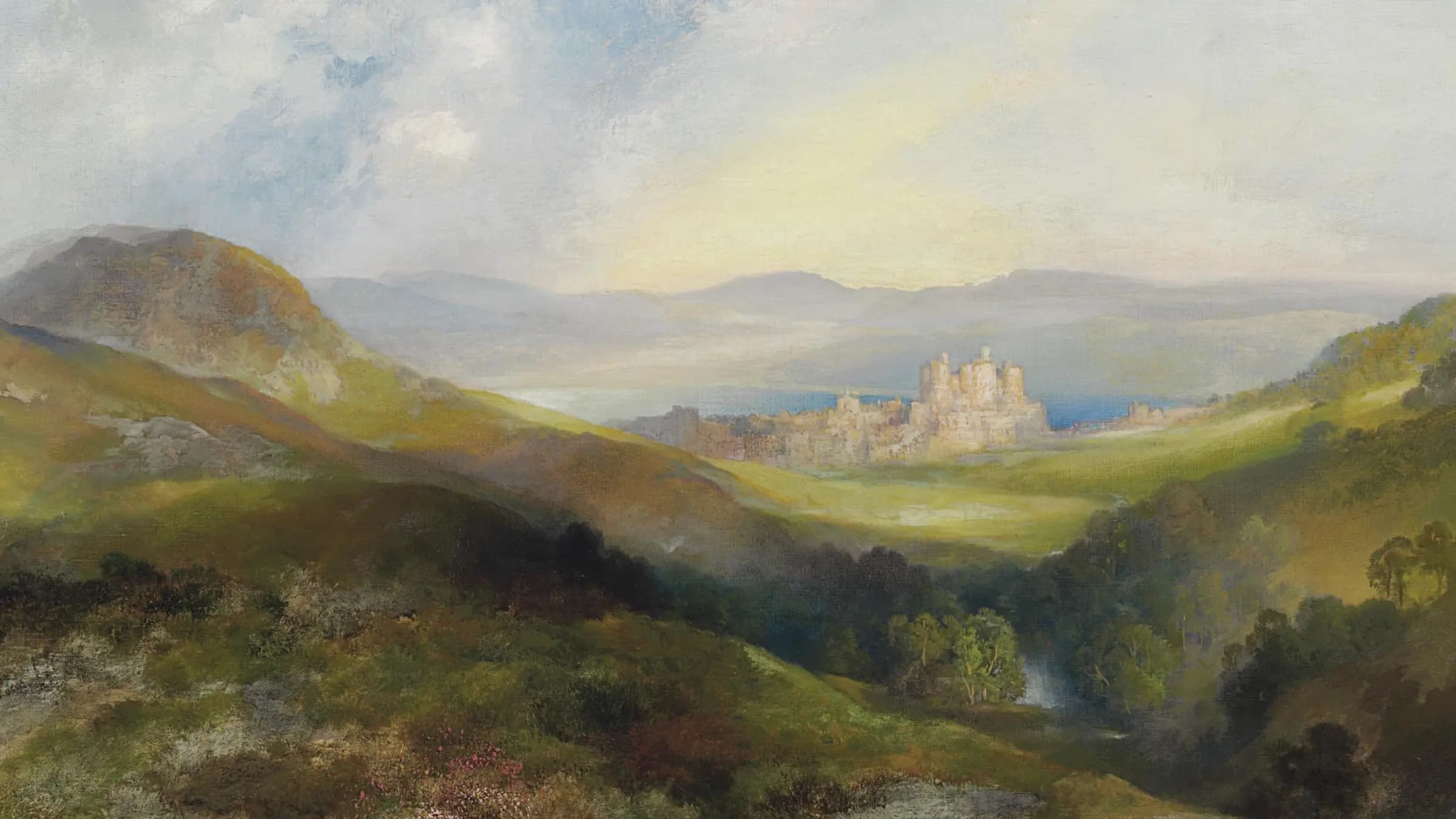 Conway Castle, landscape painting by Thomas Moran (1917).