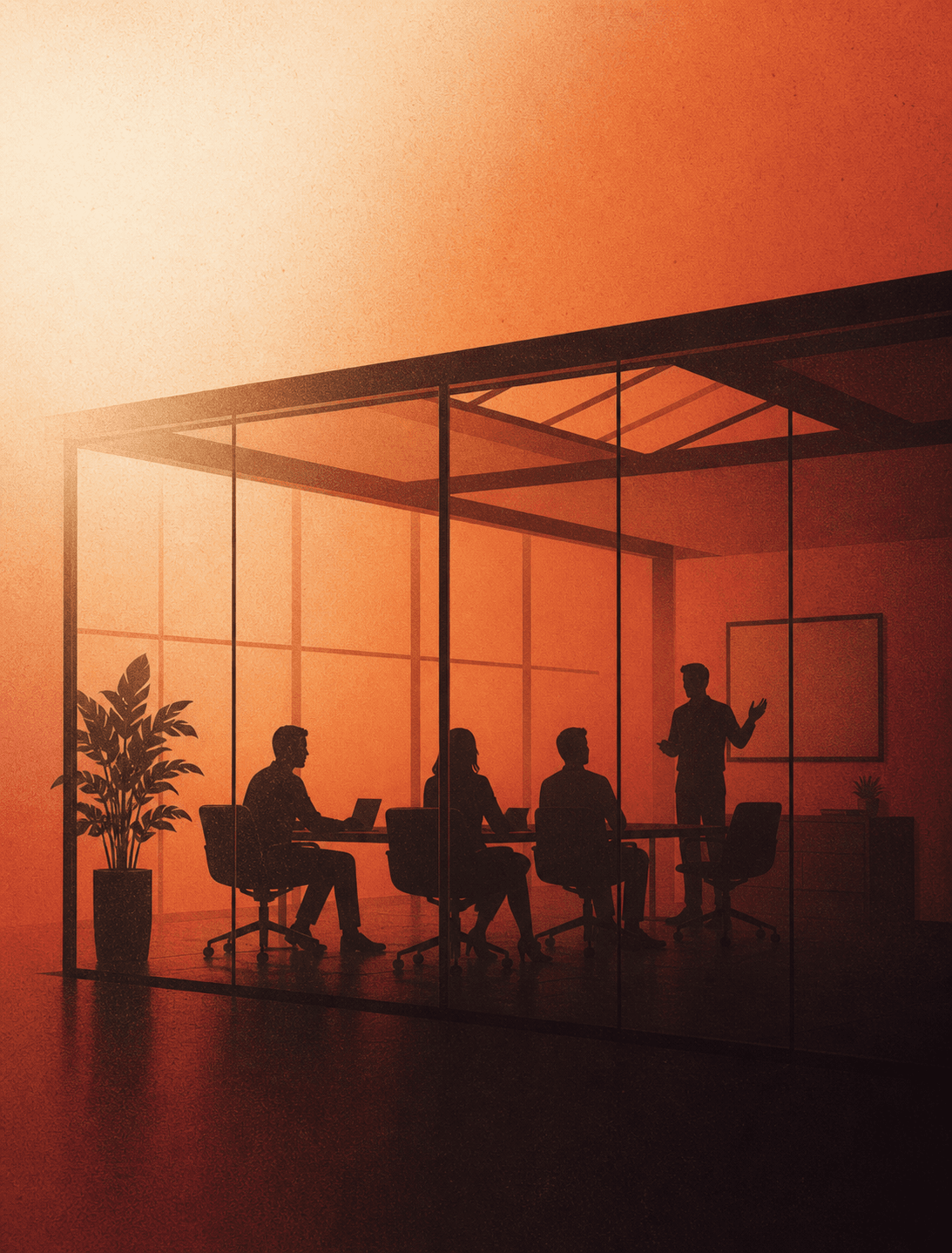 Silhouette of an onsite workshop in a glass-walled office meeting room