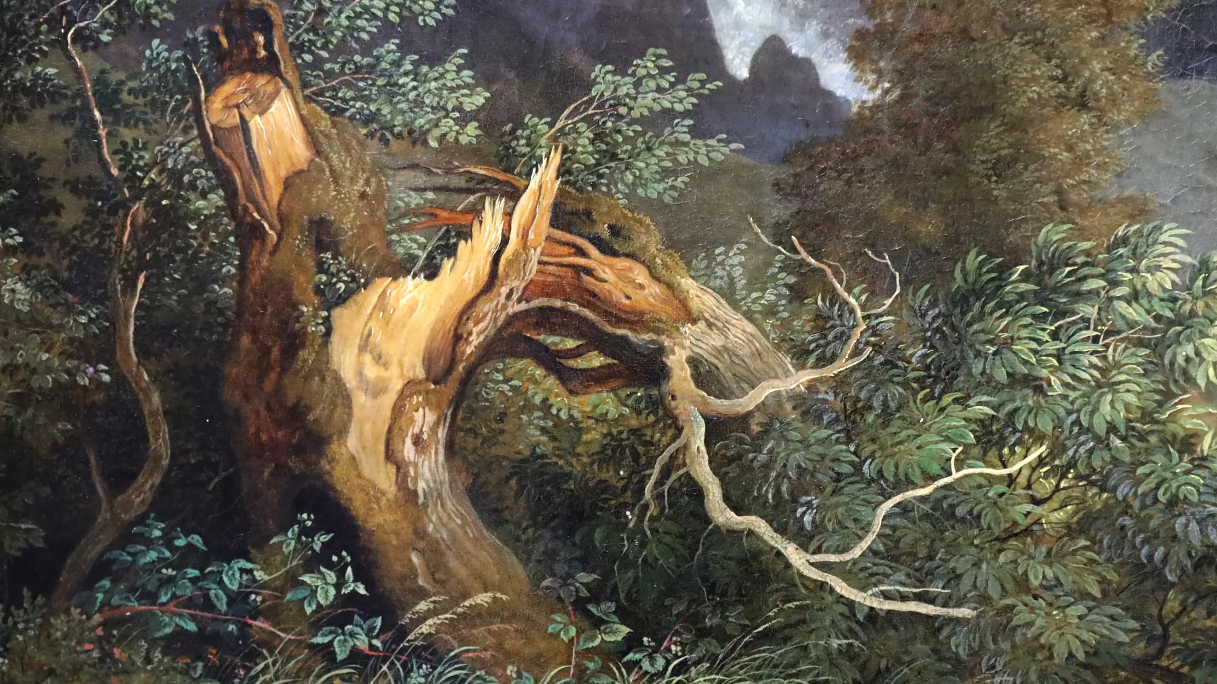 Ludwig richter, tempesta sul monte scalambra presso olevano nei monti sabini, 1830, 03 albero rotto, landscape painting by Ludwig Richter (1830).