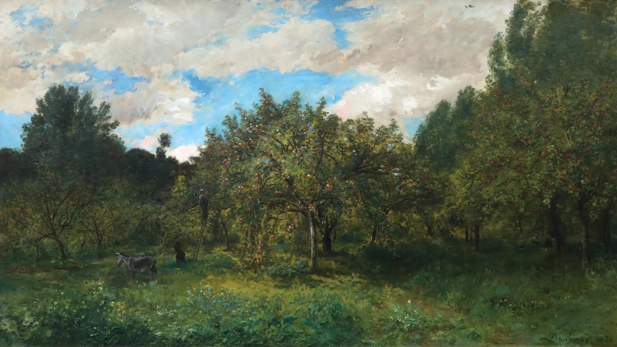 Charles-françois daubigny, frutteto francese al tempo del raccolto, 1876, landscape painting by Charles-François Daubigny (1876).