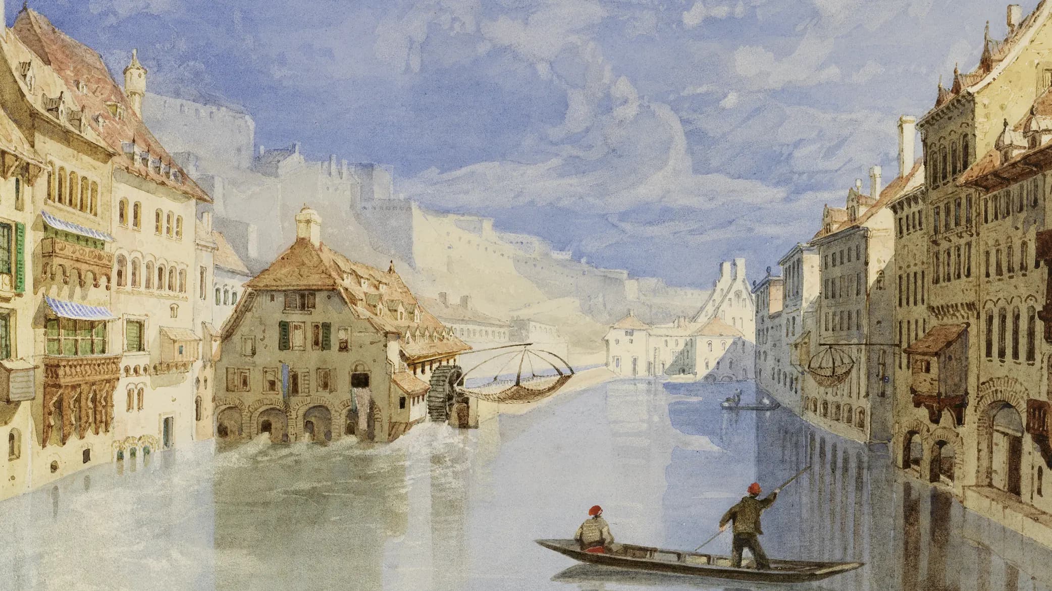 The Citadel above Namur, Belgium, from the River Sambre, landscape painting by John Sell Cotman (1830).