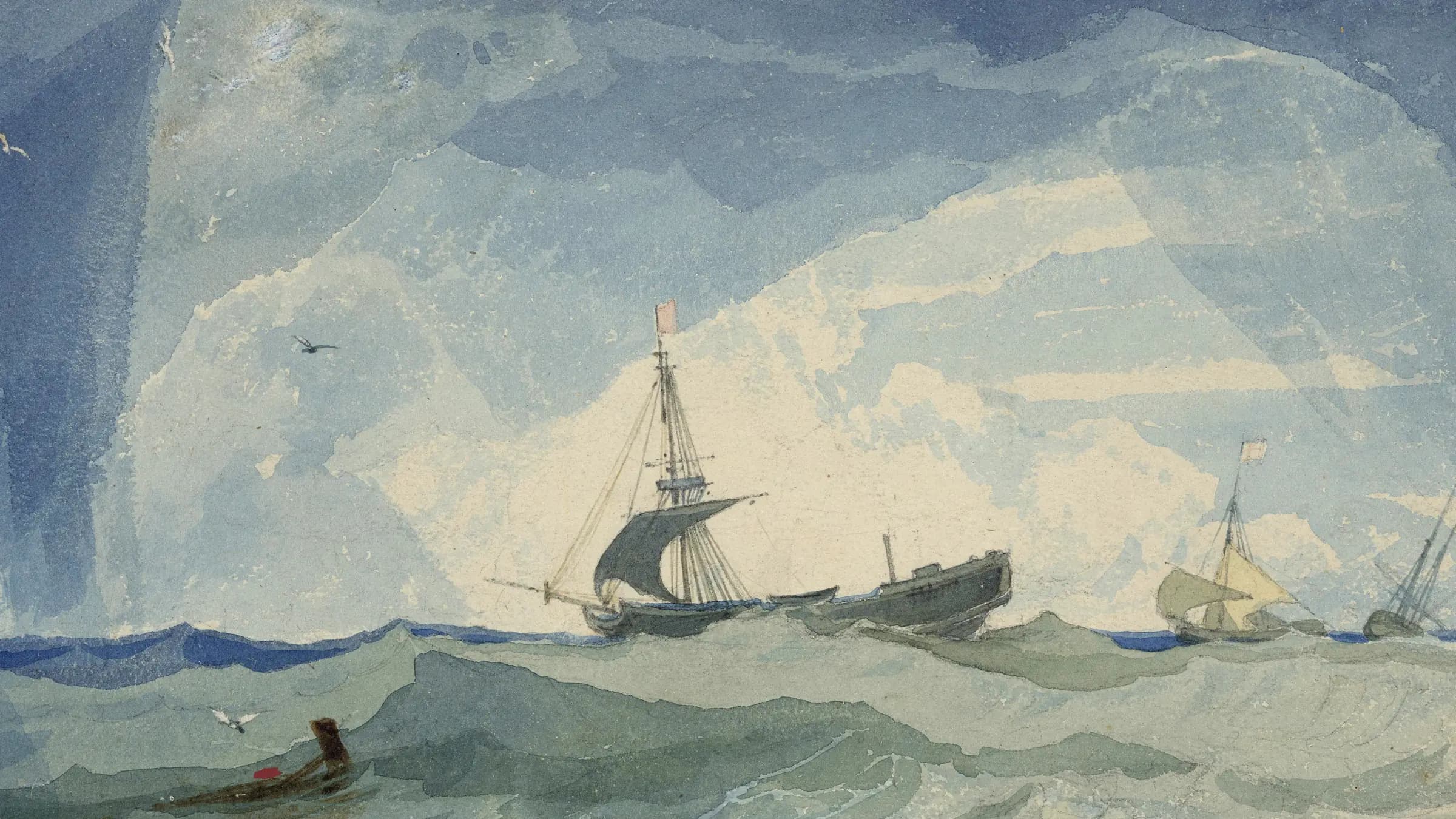 A dismasted brig, landscape painting by John Sell Cotman (1808).