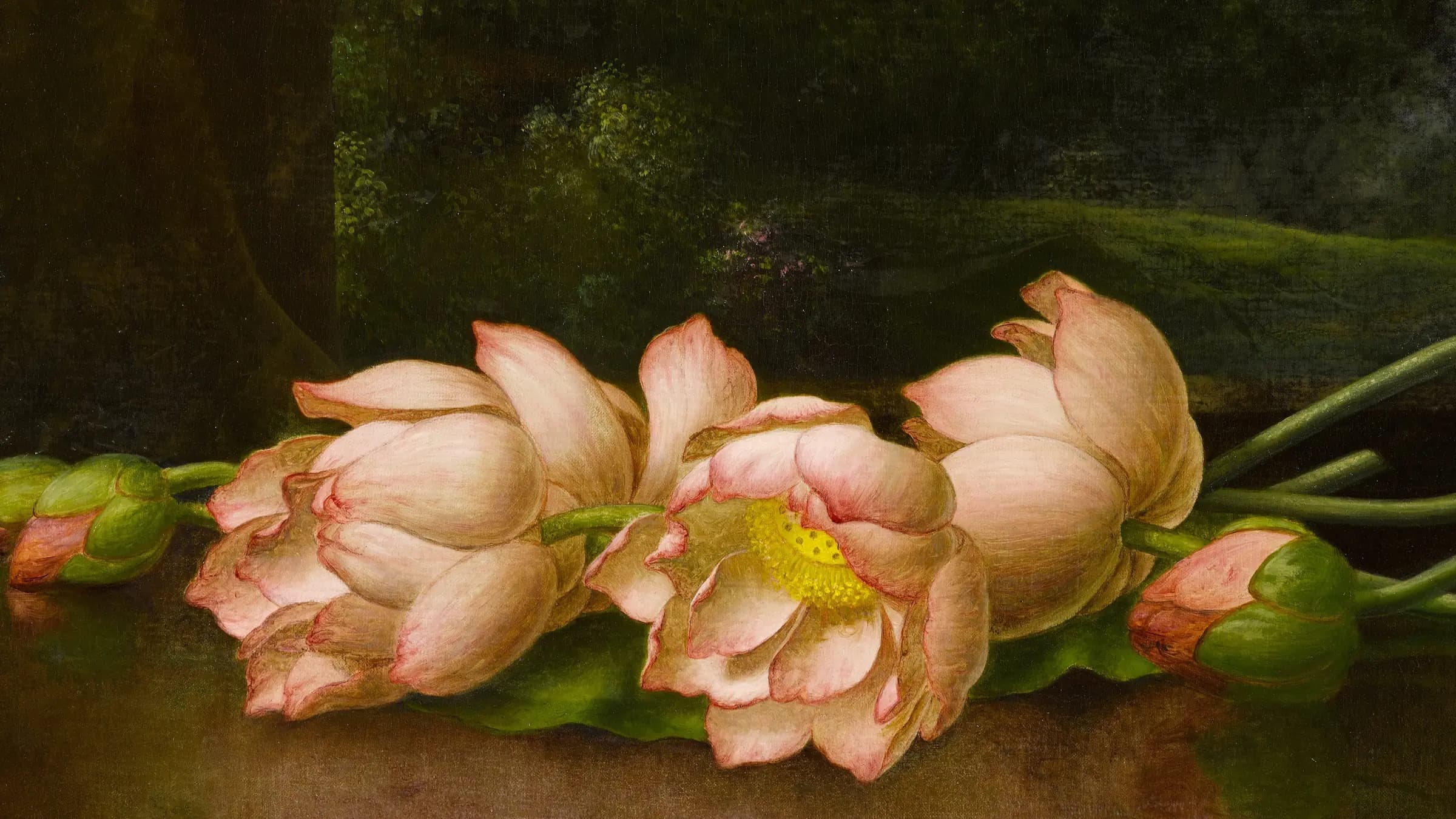 Lotus Flowers with a Landscape Painting in the Background, landscape painting by Martin Johnson Heade (1885).