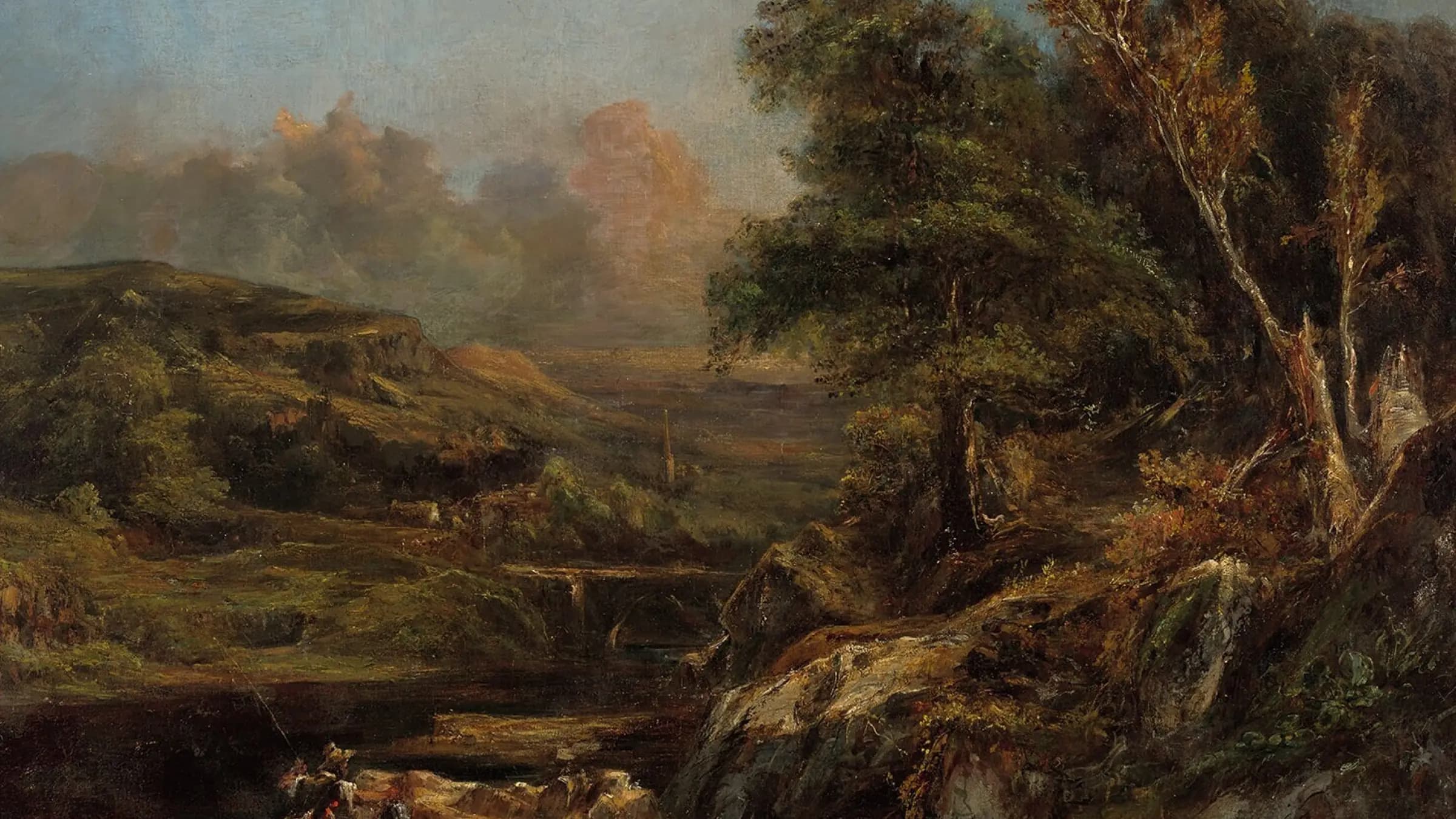 Berglandschap met een visser, landscape painting by Théodore Rousseau (1830).