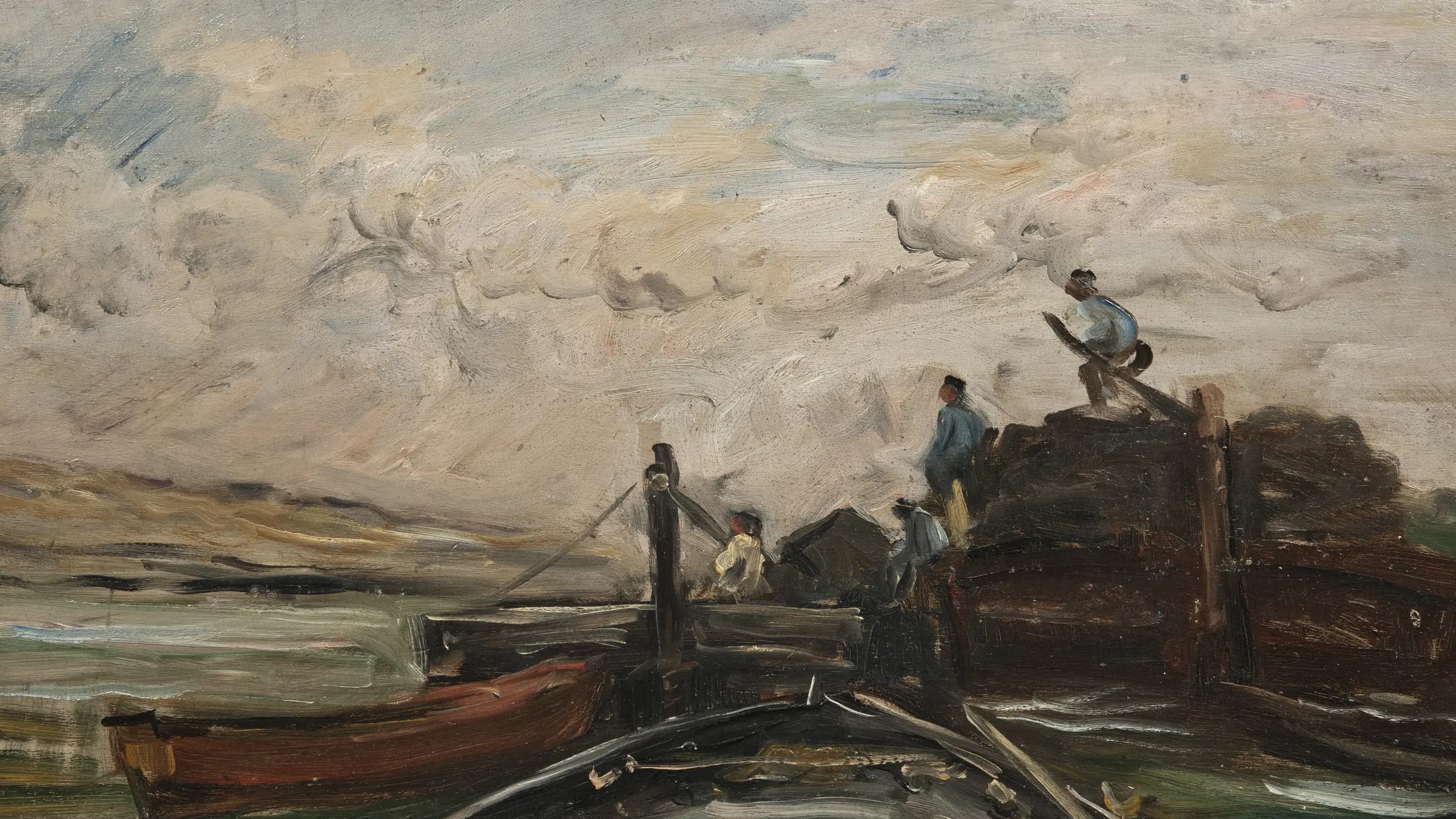 Barges on a River, landscape painting by Charles-François Daubigny.