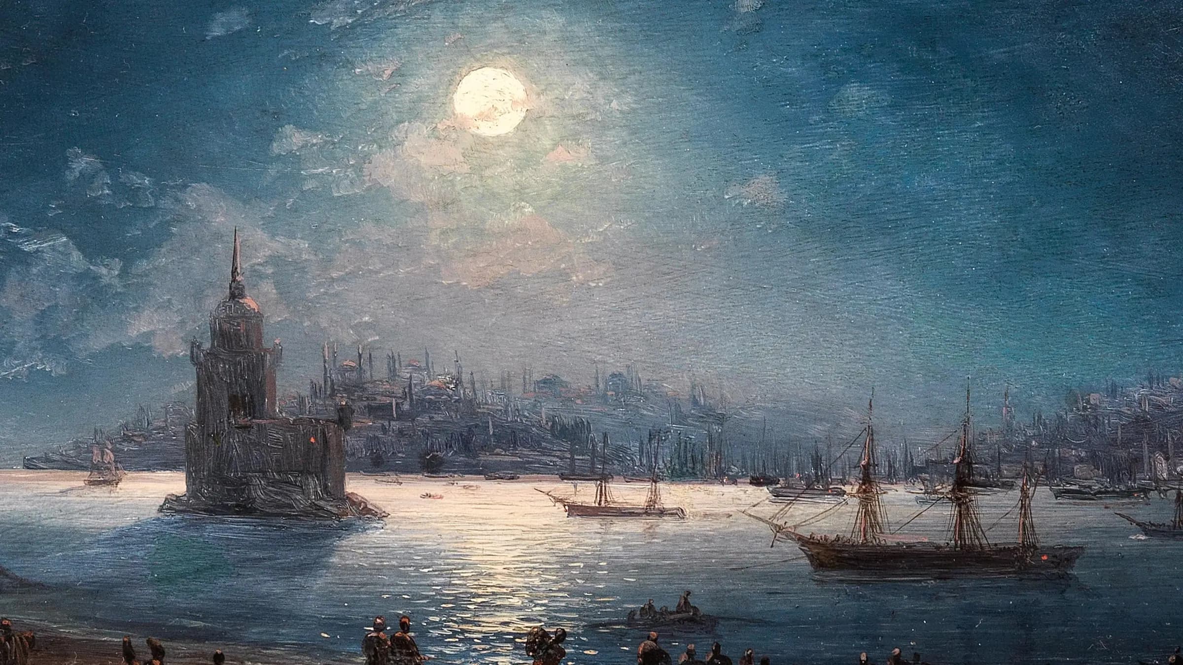 A View of the Bosporus with the Hagia Sophia and the Maiden's Tower in the Moonlight, landscape painting by Ivan Aivazovsky (1884).