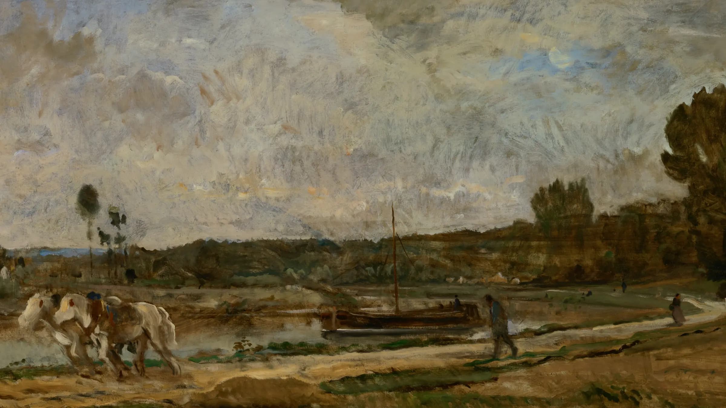 Jaagpad langs de oever van de Oise, landscape painting by Charles-François Daubigny (1875).