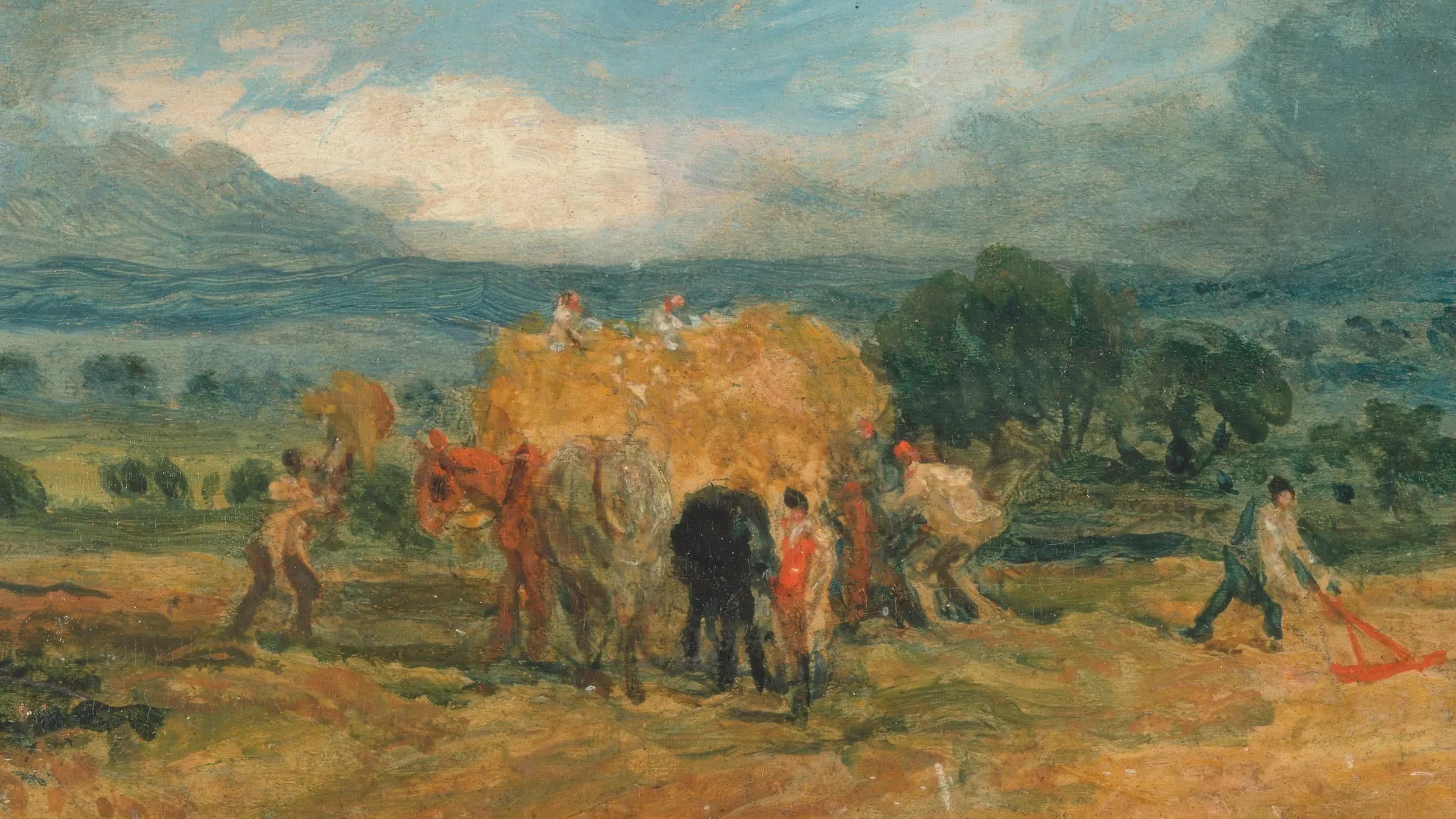 A Harvest Scene with Workers Loading Hay on to a Farm Wagon, landscape painting by James Ward (1800).