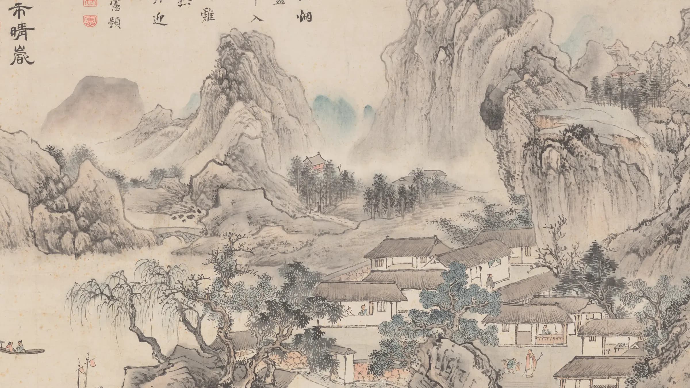 Mountain Market in Clearing Mist, from Eight Views of Xiao-Xiang, landscape painting by Tani Bunchō (1788).