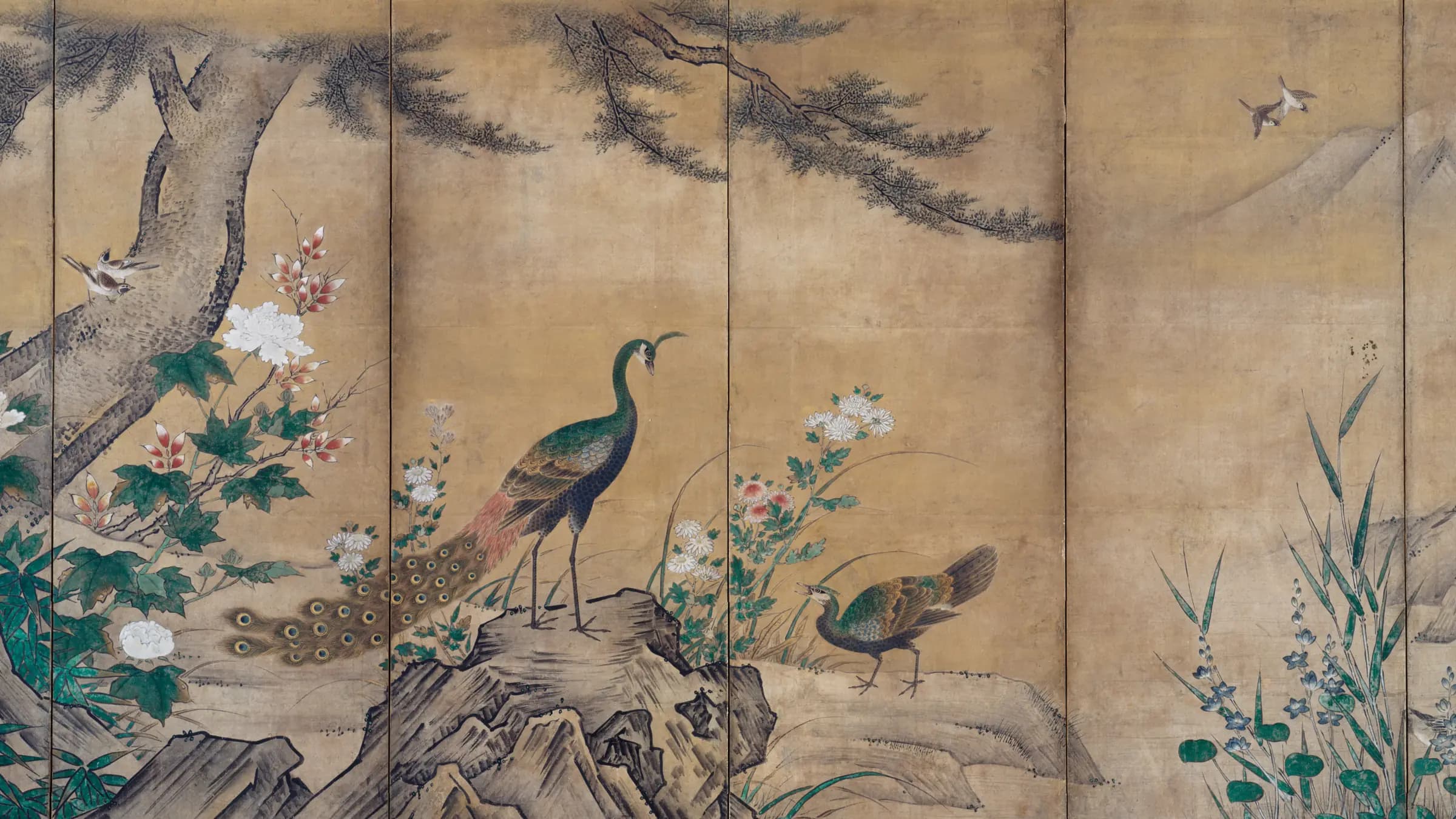 Birds and Flowers, landscape painting by Kano Mitsunobu (1540).