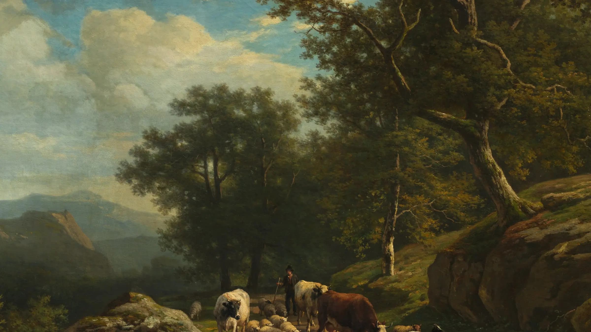 Landscape with a Peasant and His Flock, landscape painting by Alexander Joseph Daiwaille (1849).