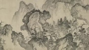 Buddha's Conversion of Five Bhiksu, landscape painting by Li Sheng (1340).