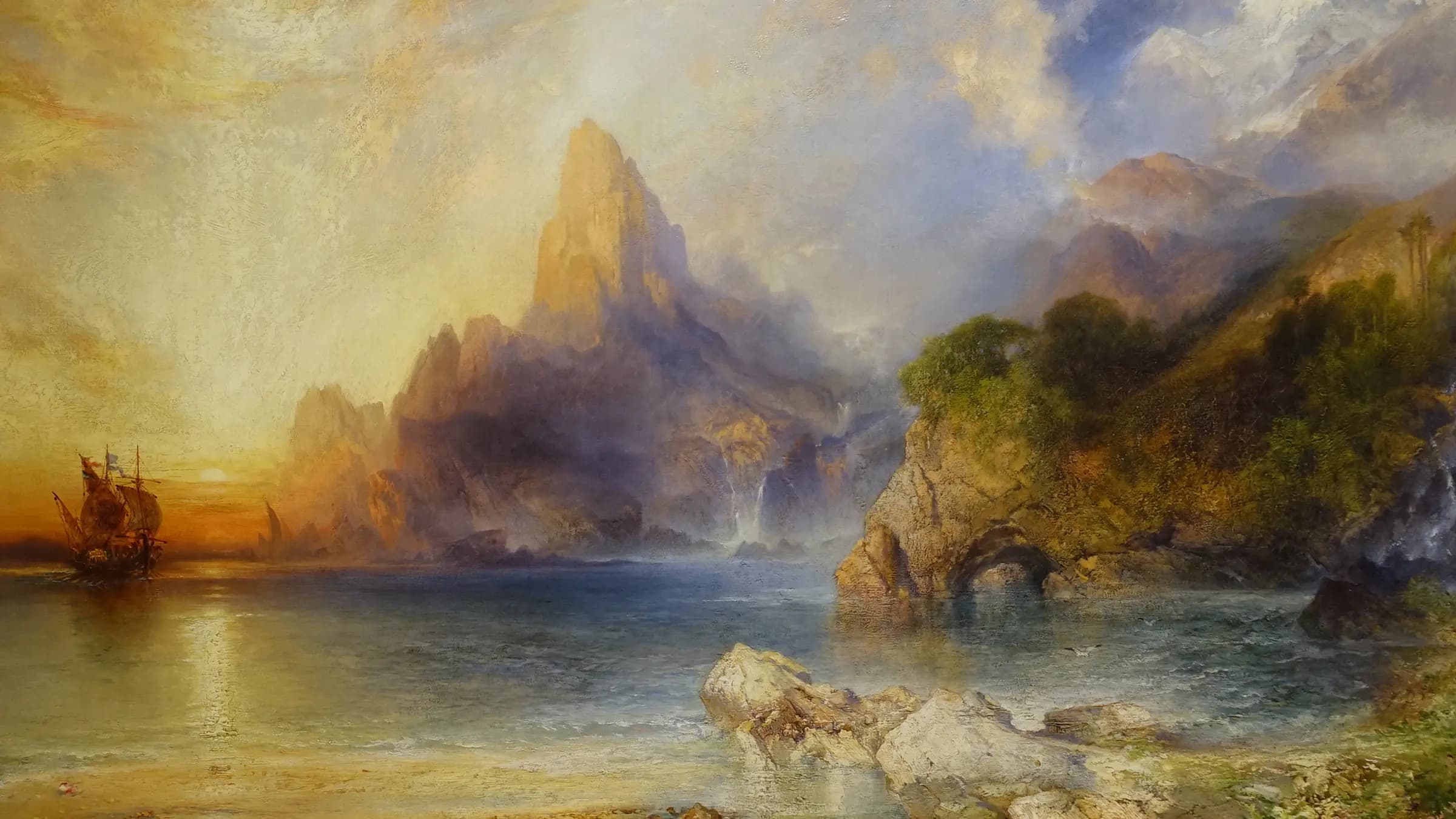 The Lotus Eaters, by Thomas Moran, 1895, oil on canvas - Portland Museum of Art - Portland, Maine - DSC04269, landscape painting by Thomas Moran (1895).