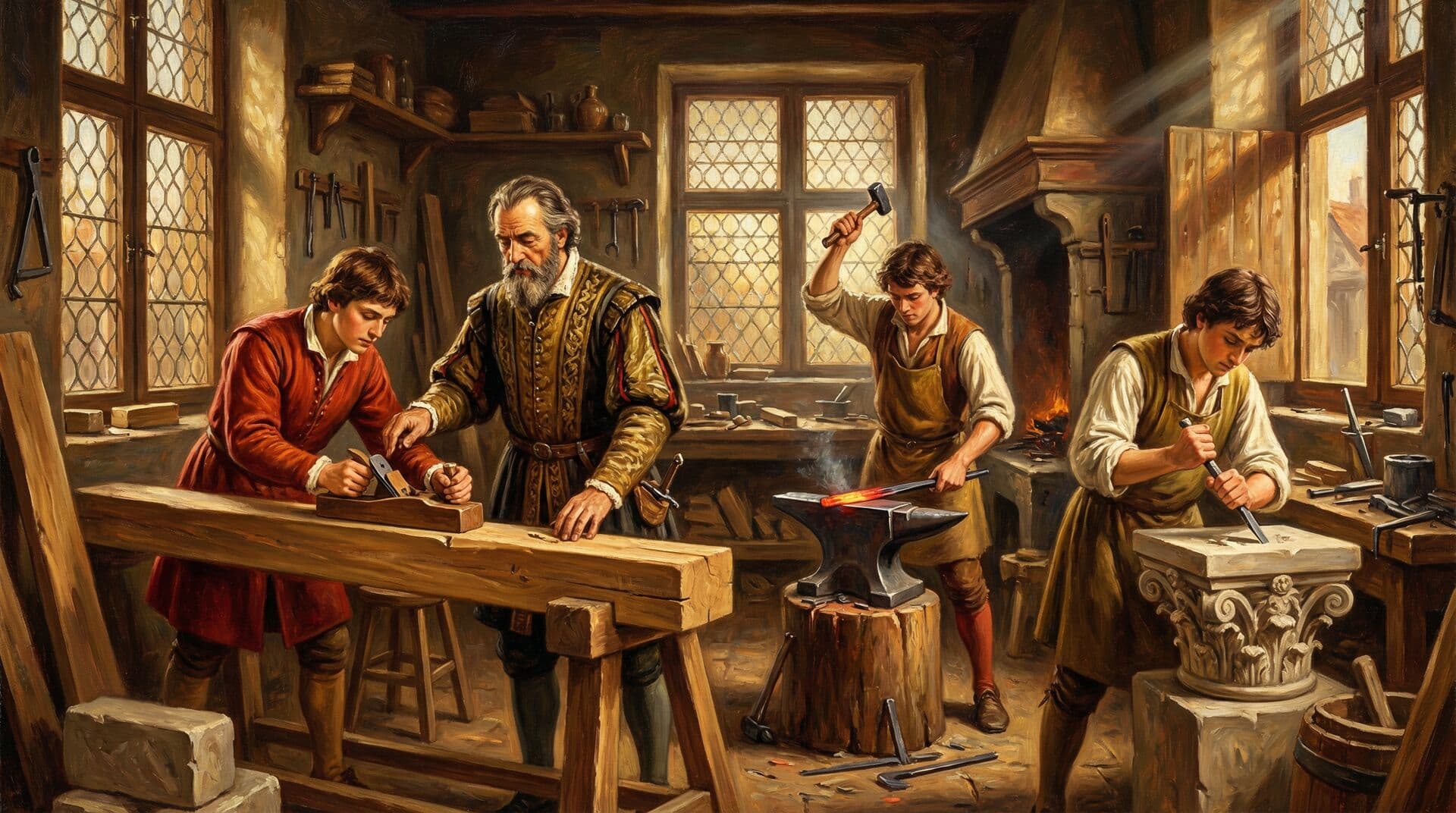 Renaissance workshop scene of a master craftsman guiding apprentices at a shared bench.