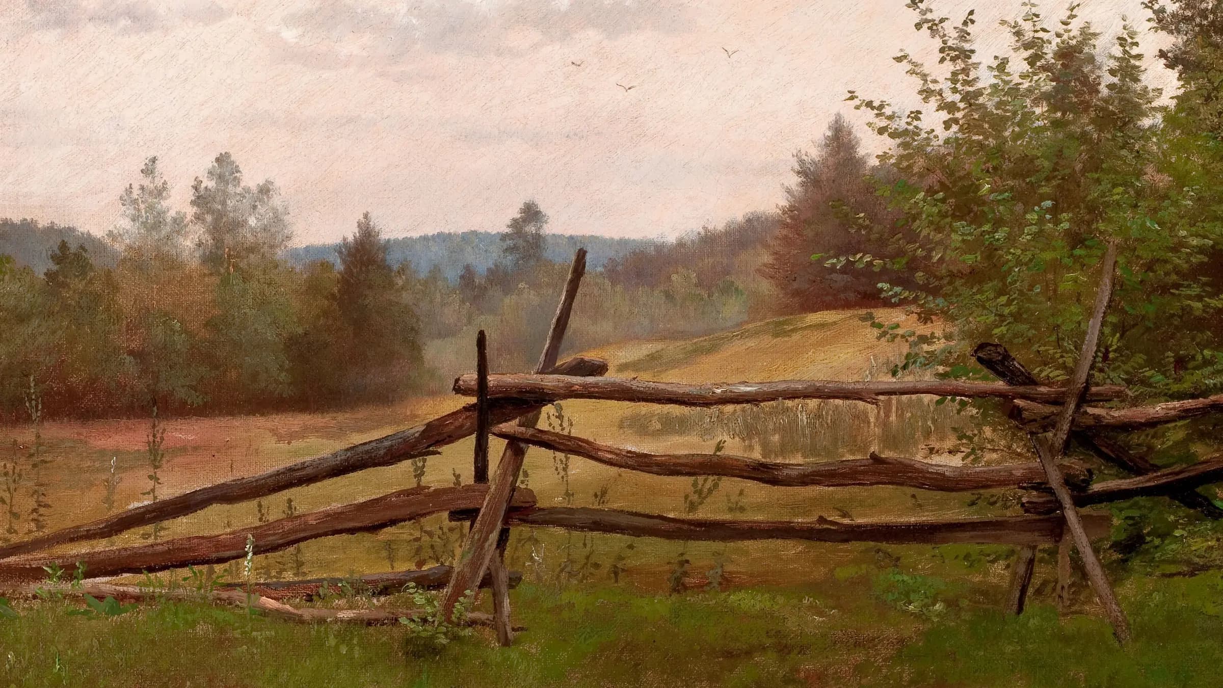 Split Rail Fence, landscape painting by Alexander Helwig Wyant (1860).