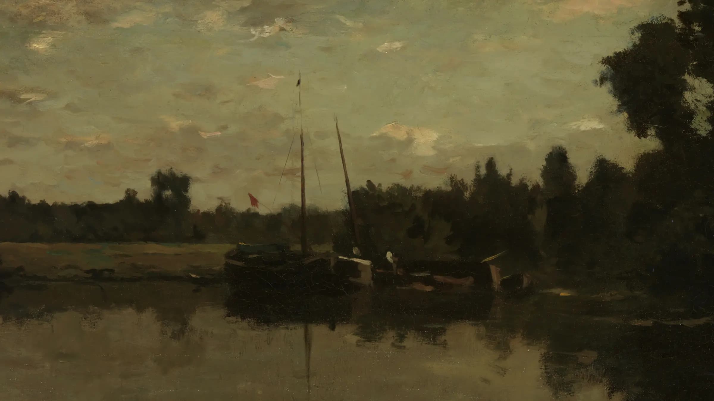 Landschap met schepen op een rivier in de avond., landscape painting by Charles-François Daubigny (1866).